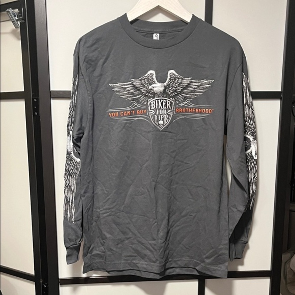 Biker for Life Brotherhood by Hot Leathers Gray Long Sleeve Shirt Size Medium
